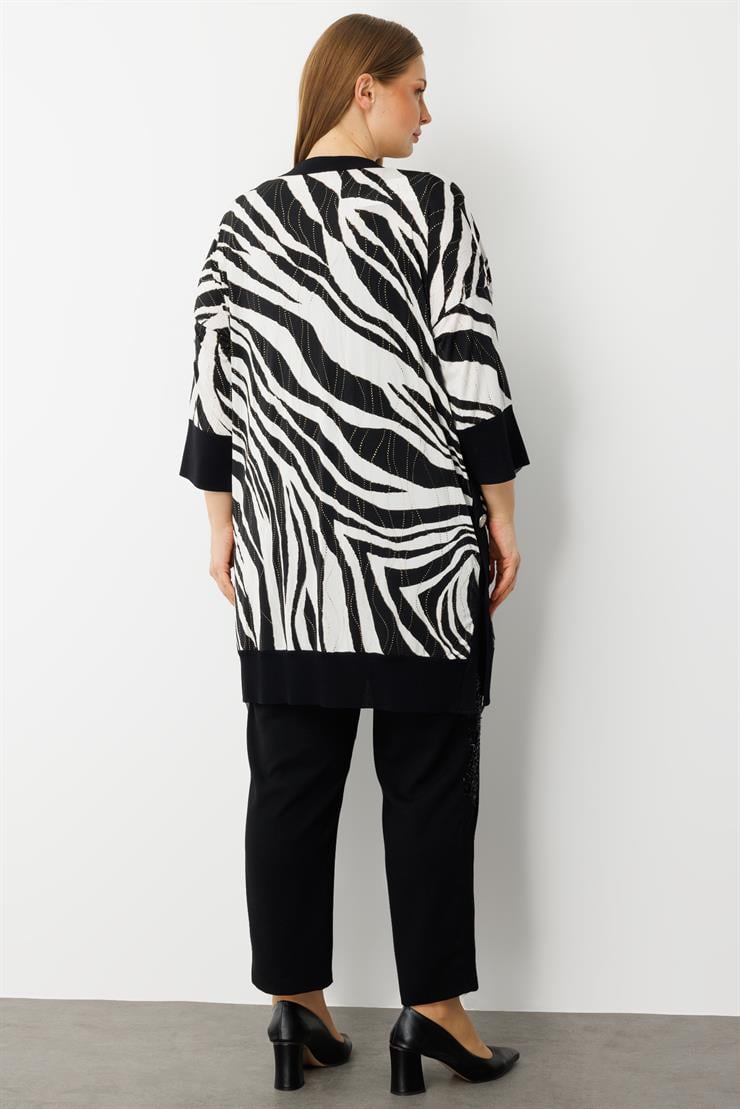 Modailgi  Zebra Desen Düğme Detaylı Ribanalı Uzun Ceket Zebra