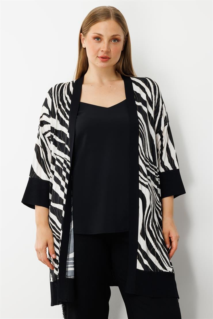 Modailgi  Zebra Desen Düğme Detaylı Ribanalı Uzun Ceket Zebra