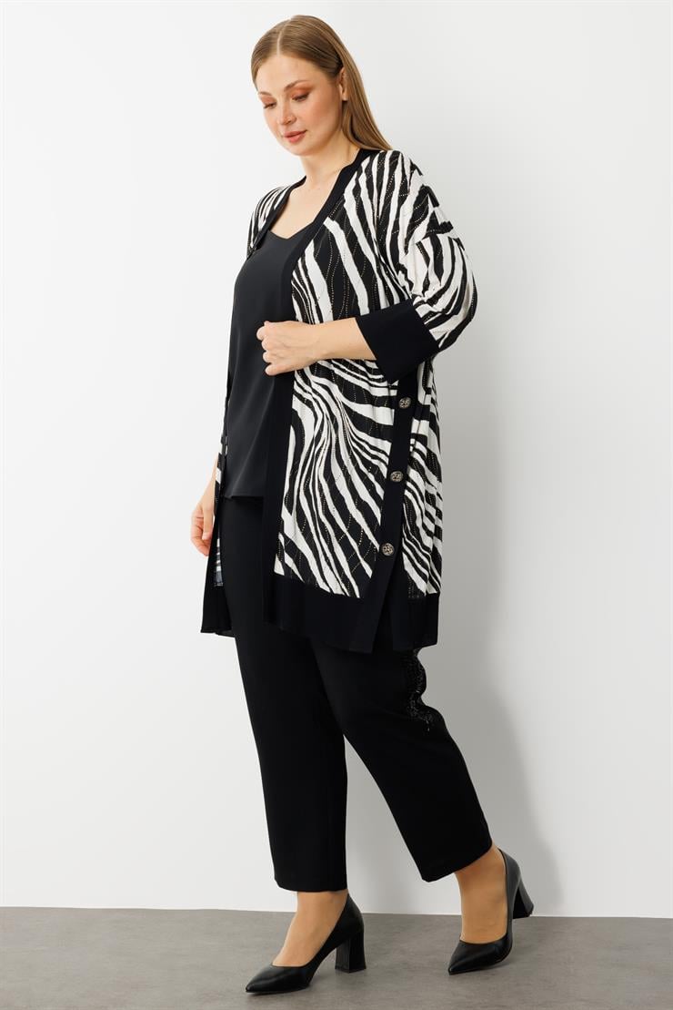 Modailgi  Zebra Desen Düğme Detaylı Ribanalı Uzun Ceket Zebra