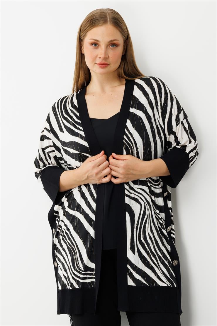 Modailgi  Zebra Desen Düğme Detaylı Ribanalı Uzun Ceket Zebra