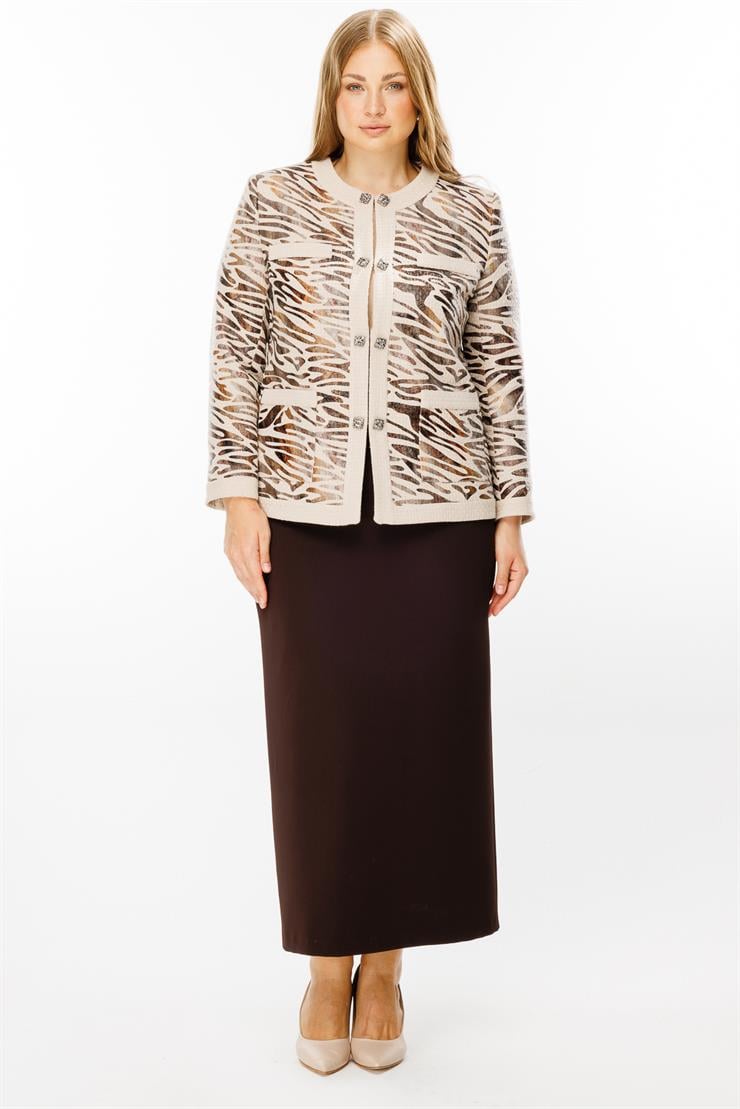 Modailgi  Zebra Desen Sıfır Yaka Kısa Ceket Vizon