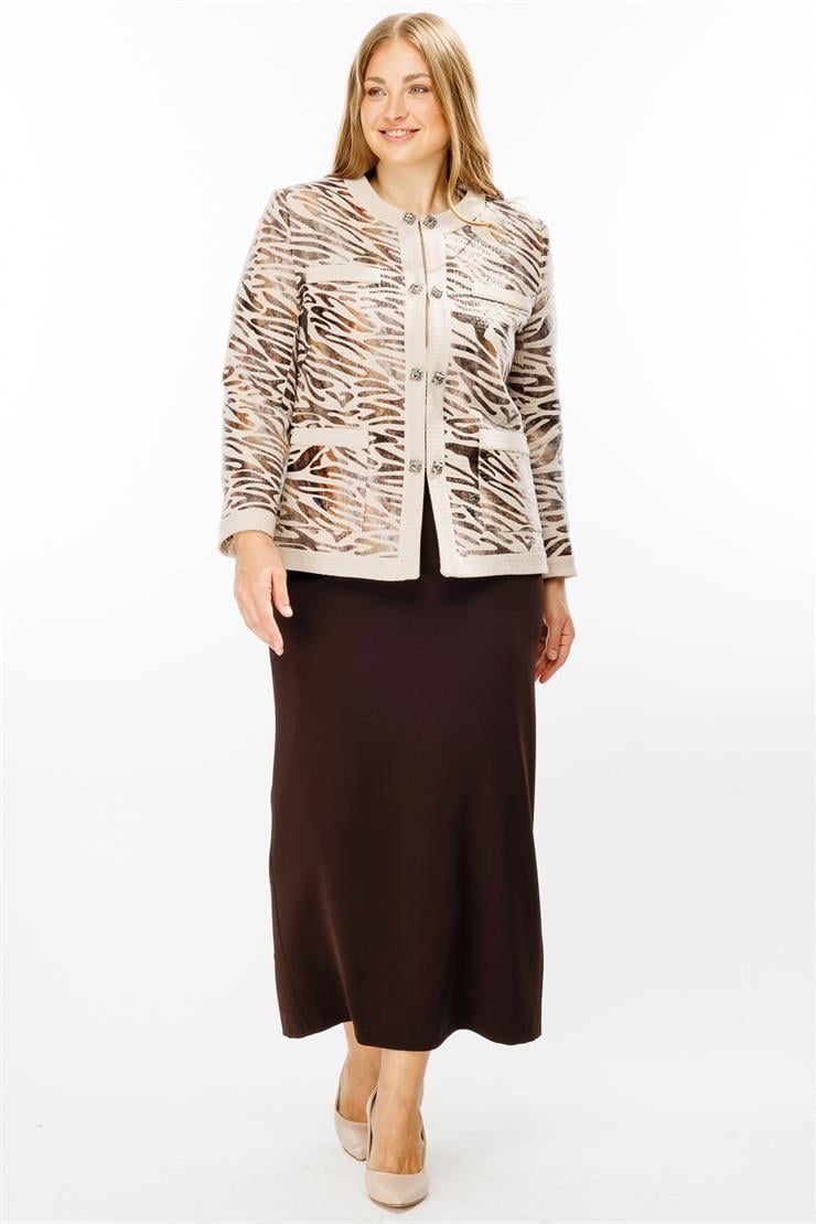 Modailgi  Zebra Desen Sıfır Yaka Kısa Ceket Vizon