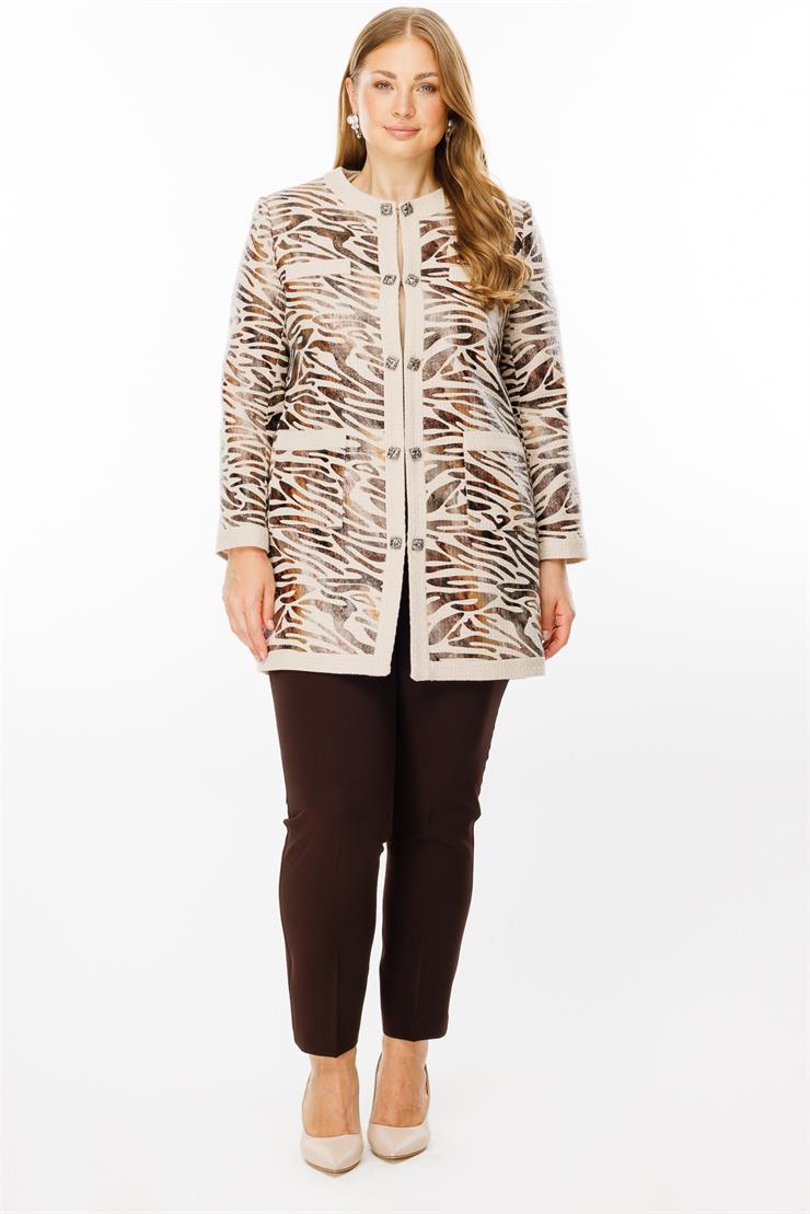 Modailgi  Zebra Desen Sıfır Yaka Uzun Ceket Vizon