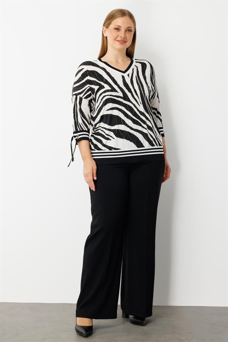 Modailgi  Zebra Desen V Yaka Kol Manşeti Bağcıklı Ribanalı Bluz Zebra