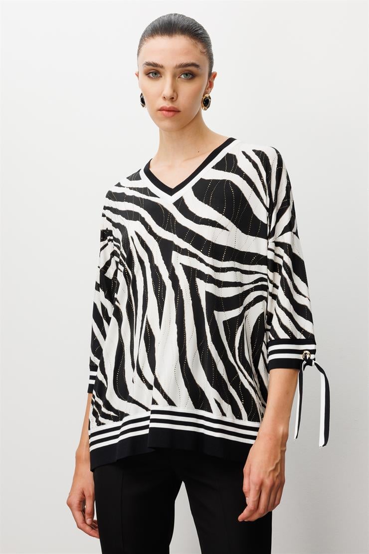 Modailgi  Zebra Desen V Yaka Kol Manşeti Bağcıklı Ribanalı Bluz Zebra