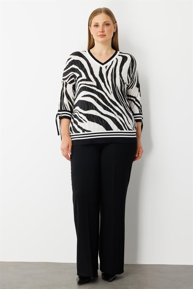 Modailgi  Zebra Desen V Yaka Kol Manşeti Bağcıklı Ribanalı Bluz Zebra