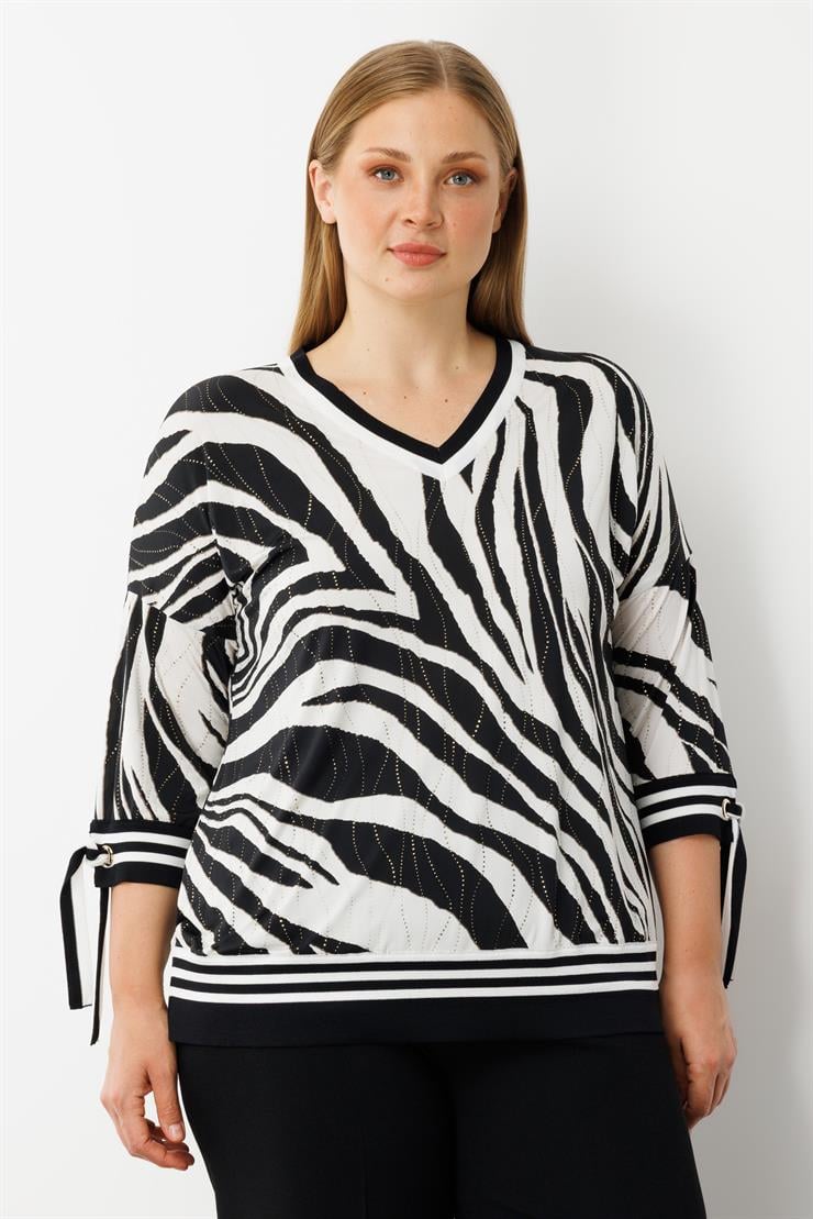 Modailgi  Zebra Desen V Yaka Kol Manşeti Bağcıklı Ribanalı Bluz Zebra