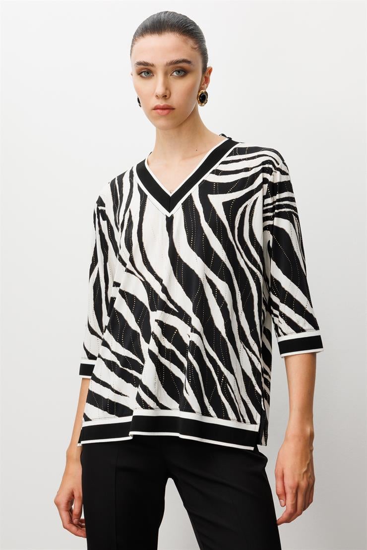 Modailgi  Zebra Desen V Yaka Ribanalı Bluz Zebra