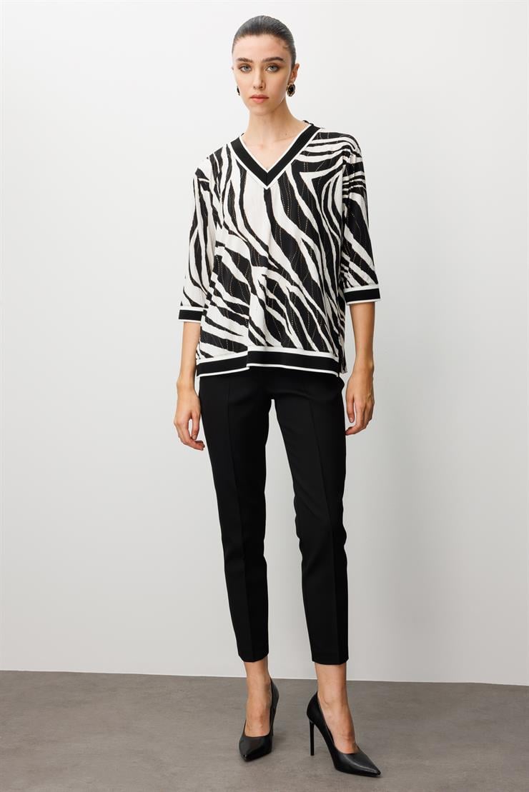 Modailgi  Zebra Desen V Yaka Ribanalı Bluz Zebra