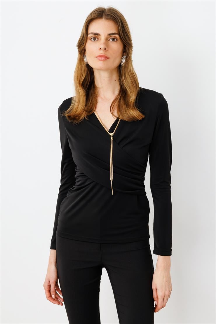 Modailgi  Zincir Aksesuarlı Uzun Kollu Kruvaze Bluz Siyah