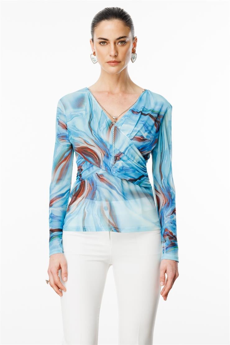 Modailgi  Zincir Aksesuarlı Uzun Kollu Kruvaze Tül Bluz Mavi