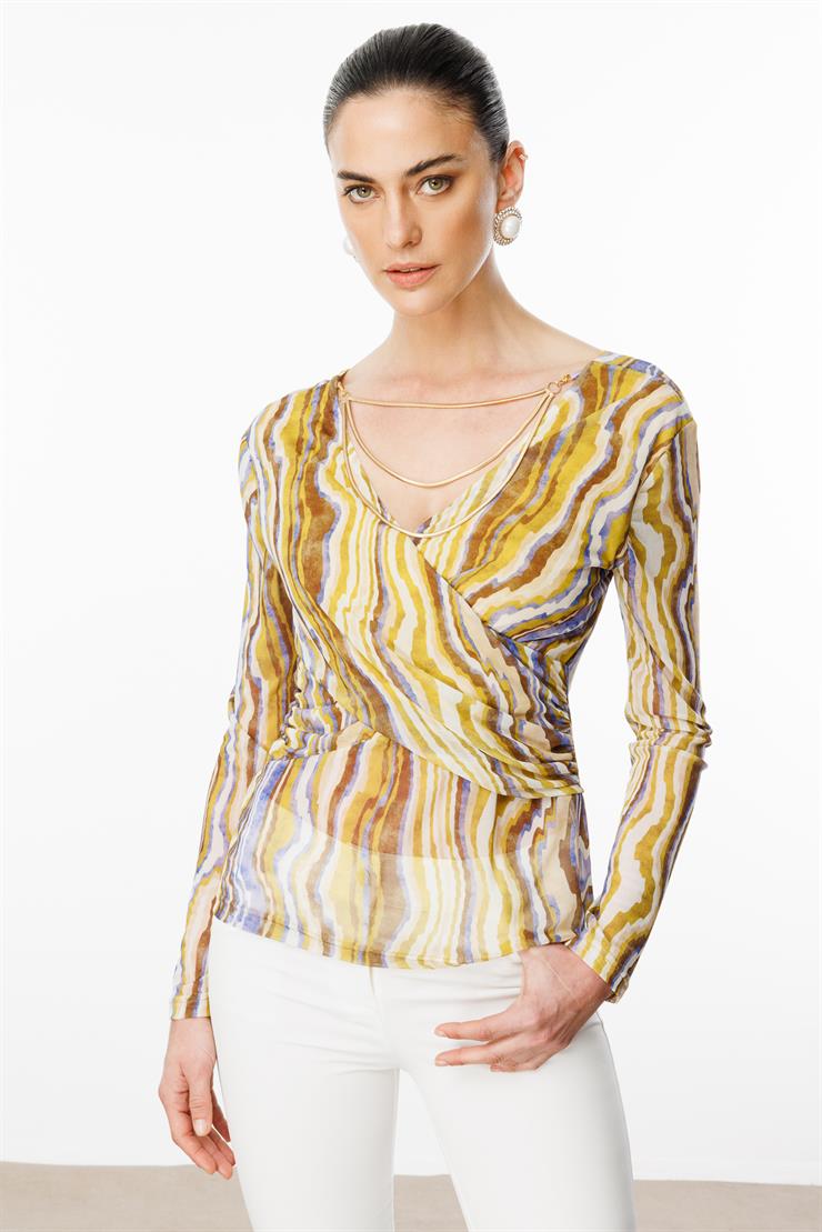 Modailgi  Zincir Aksesuarlı Uzun Kollu Kruvaze Tül Bluz Asit