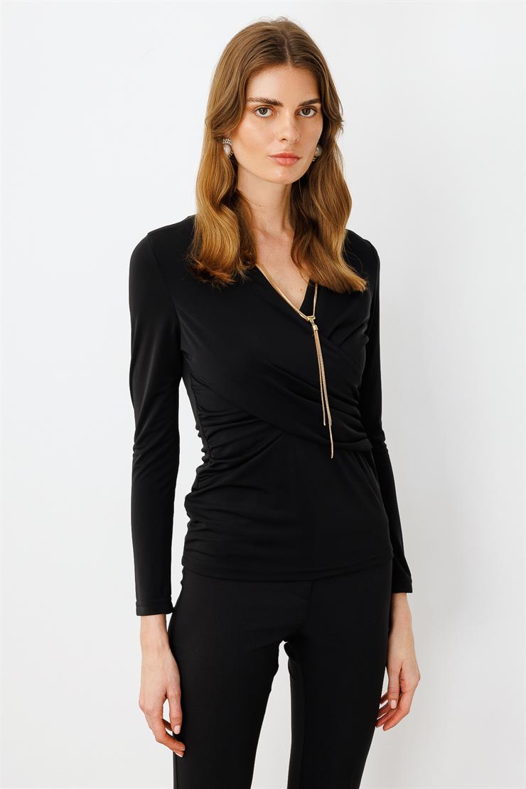 Modailgi  Zincir Aksesuarlı Uzun Kollu Kruvaze Bluz Siyah
