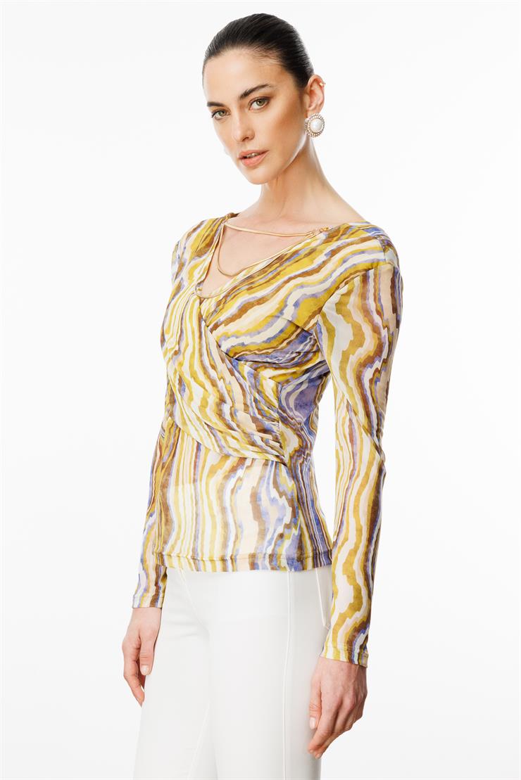 Modailgi  Zincir Aksesuarlı Uzun Kollu Kruvaze Tül Bluz Asit