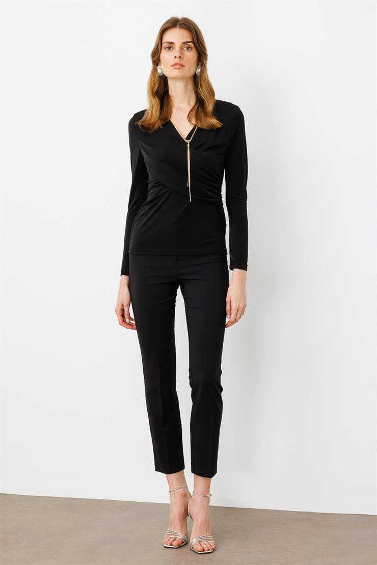 Modailgi  Zincir Aksesuarlı Uzun Kollu Kruvaze Bluz Siyah