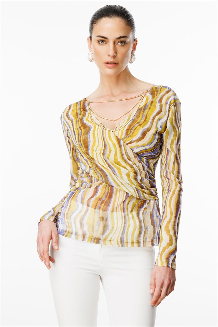 Modailgi  Zincir Aksesuarlı Uzun Kollu Kruvaze Tül Bluz Asit