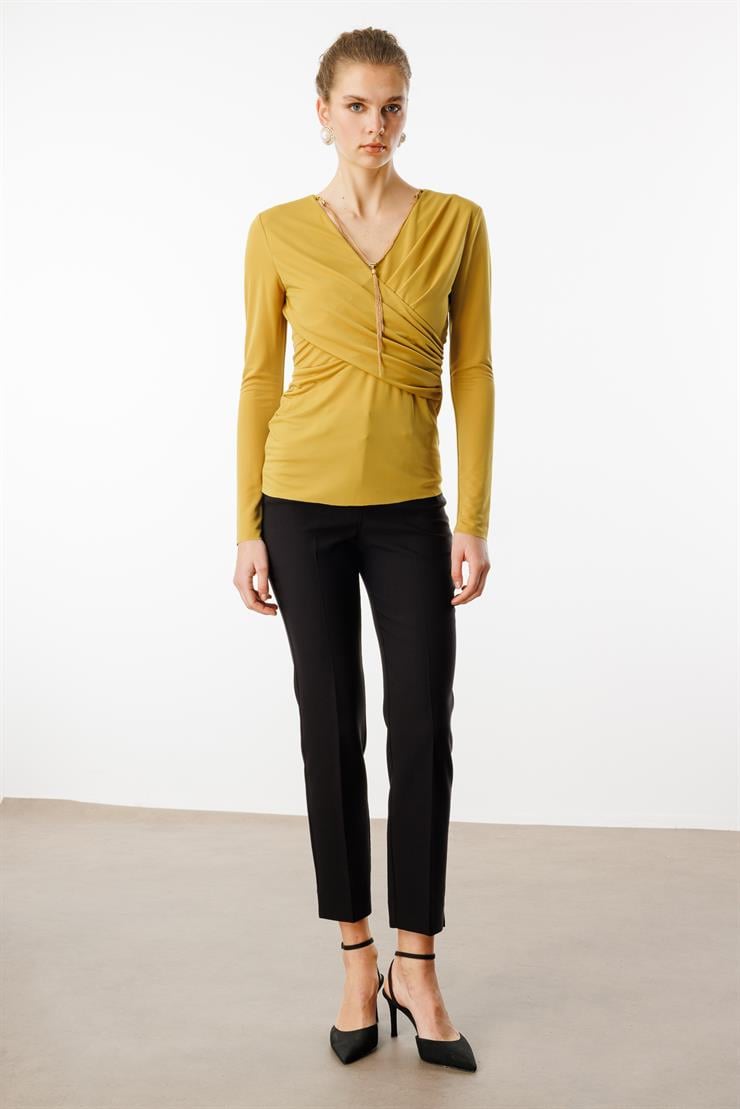 Modailgi  Zincir Aksesuarlı Uzun Kollu Kruvaze Bluz Safran