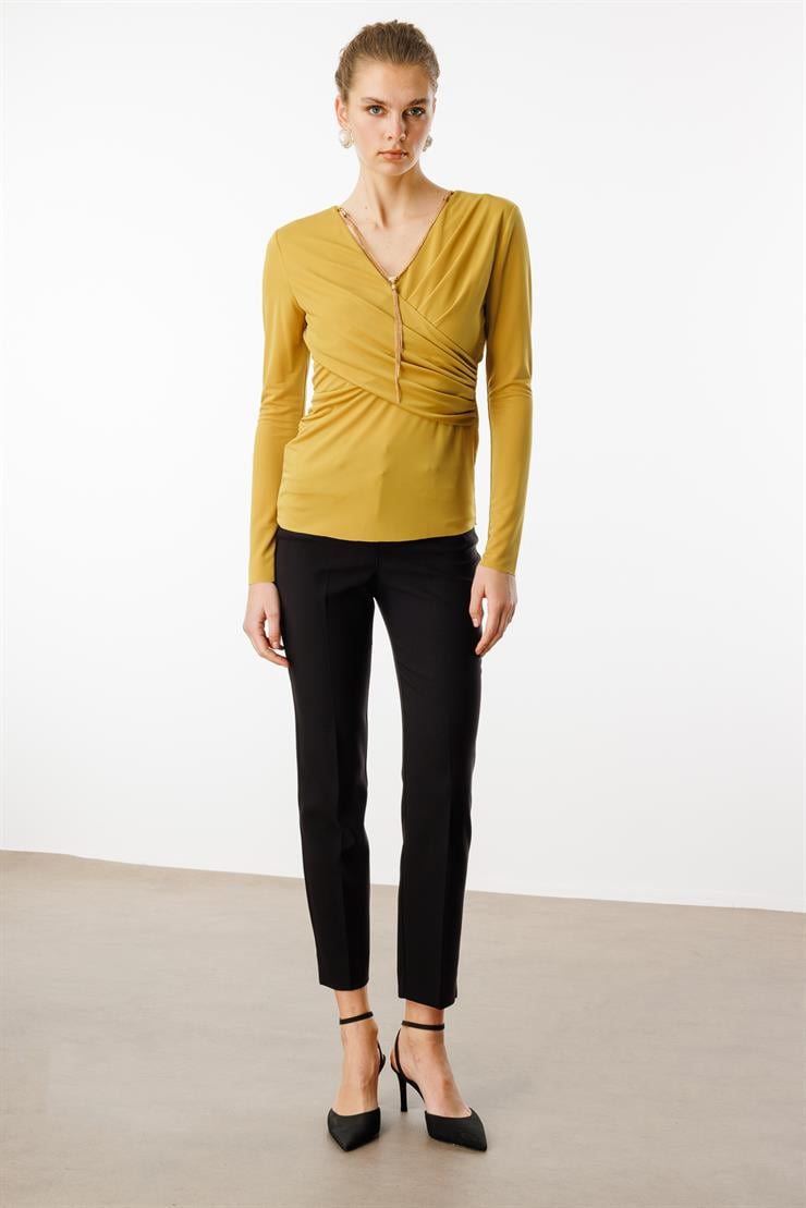 Modailgi  Zincir Aksesuarlı Uzun Kollu Kruvaze Bluz Safran