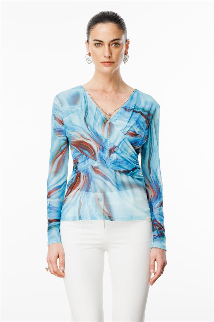 Modailgi  Zincir Aksesuarlı Uzun Kollu Kruvaze Tül Bluz Mavi