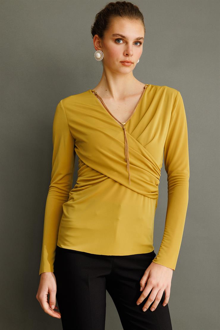 Modailgi  Zincir Aksesuarlı Uzun Kollu Kruvaze Bluz Safran