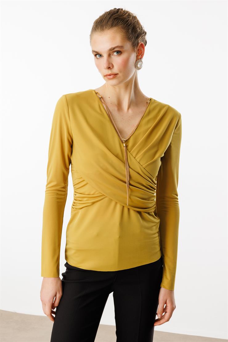 Modailgi  Zincir Aksesuarlı Uzun Kollu Kruvaze Bluz Safran