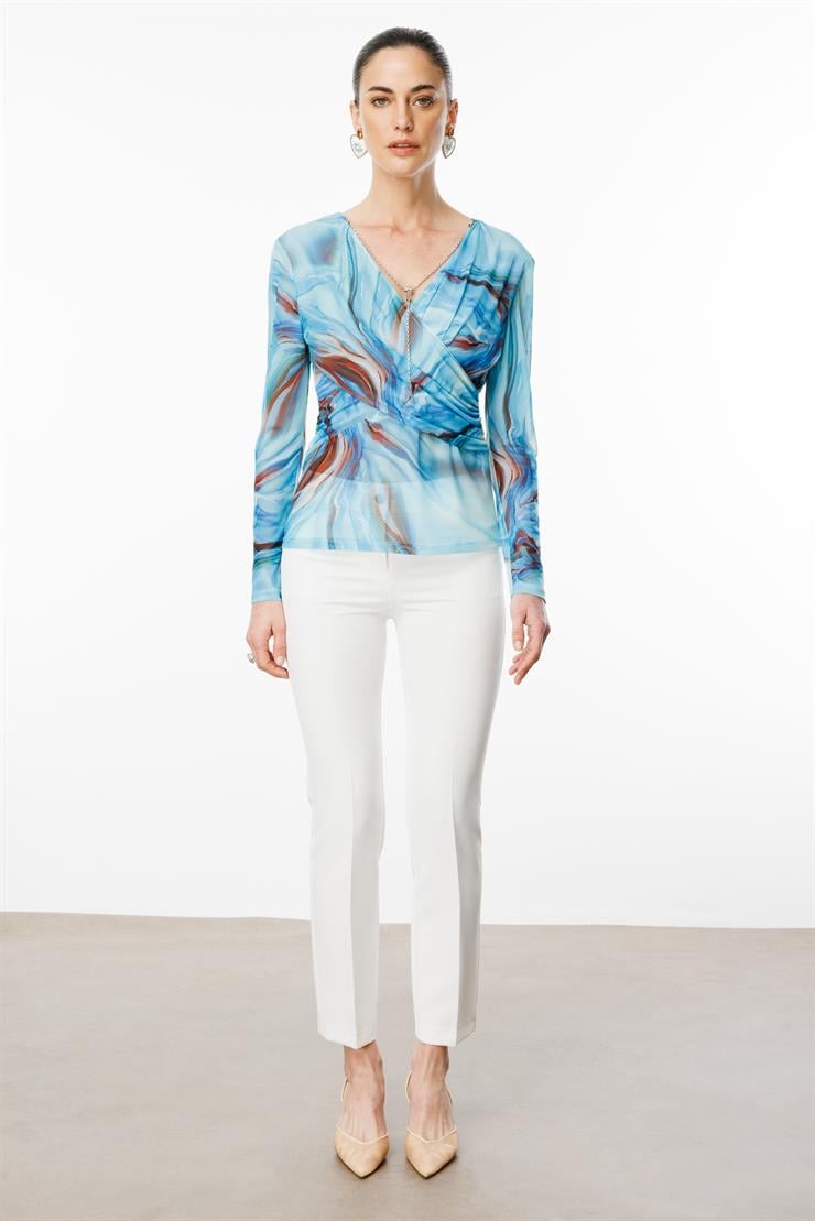 Modailgi  Zincir Aksesuarlı Uzun Kollu Kruvaze Tül Bluz Mavi