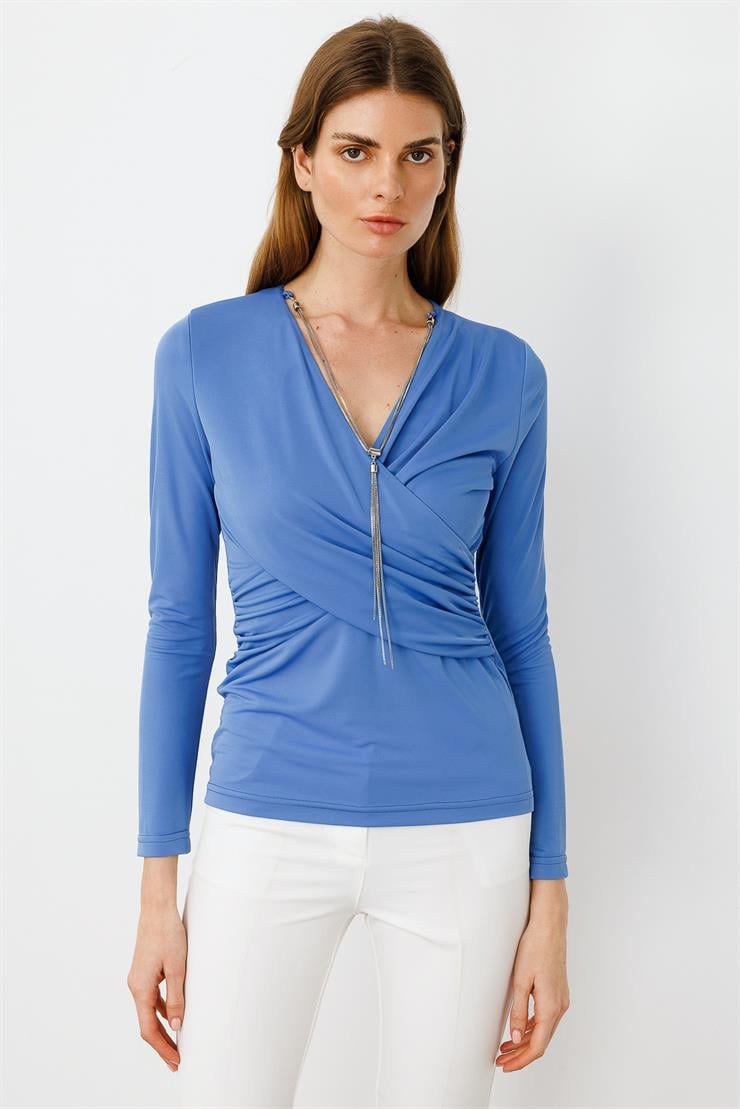 Modailgi  Zincir Aksesuarlı Uzun Kollu Kruvaze Bluz İndigo