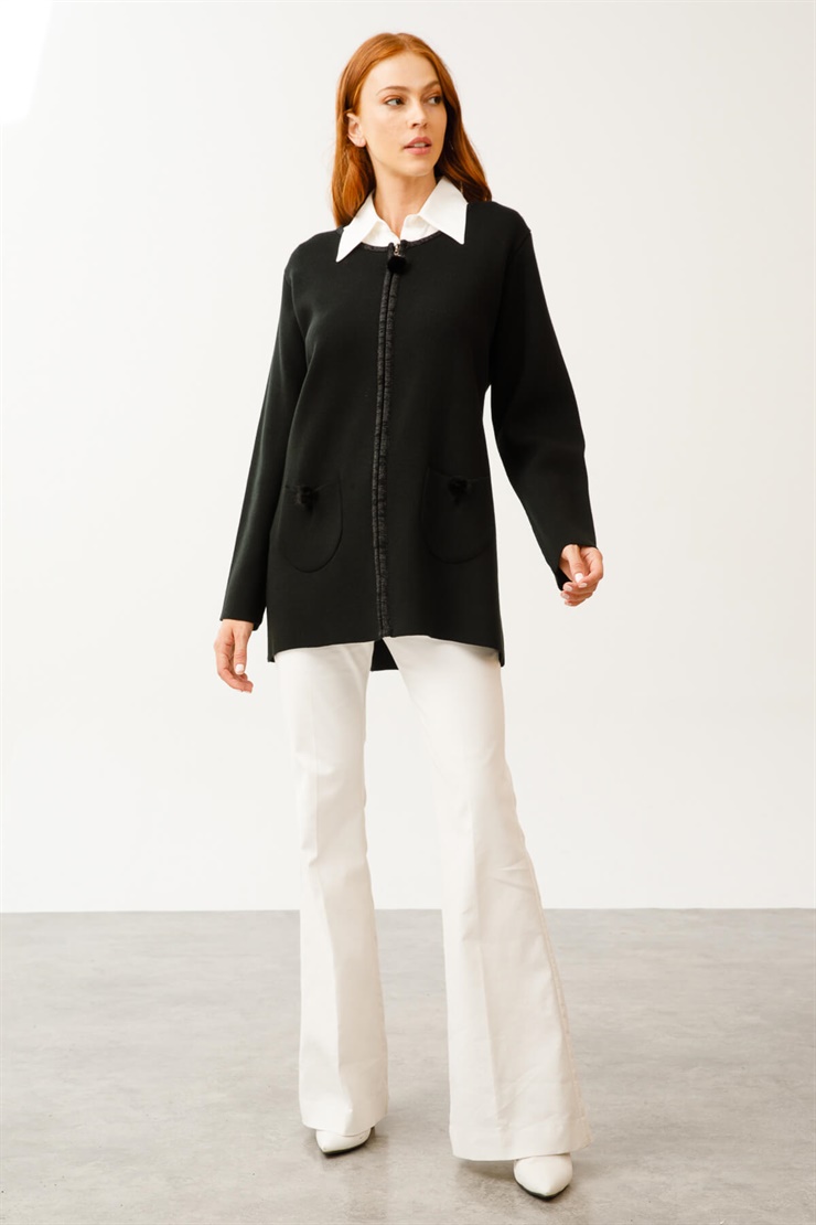 Simli Pon Ponlu Triko Hırka-Siyah