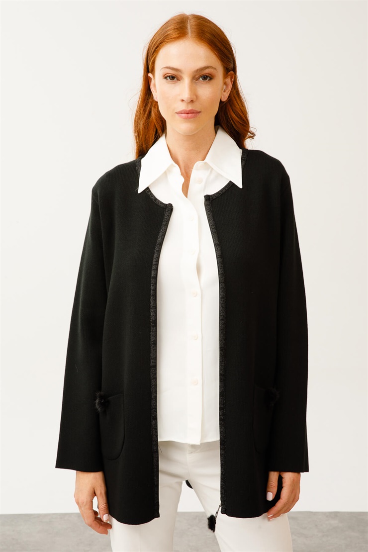 Simli Pon Ponlu Triko Hırka-Siyah