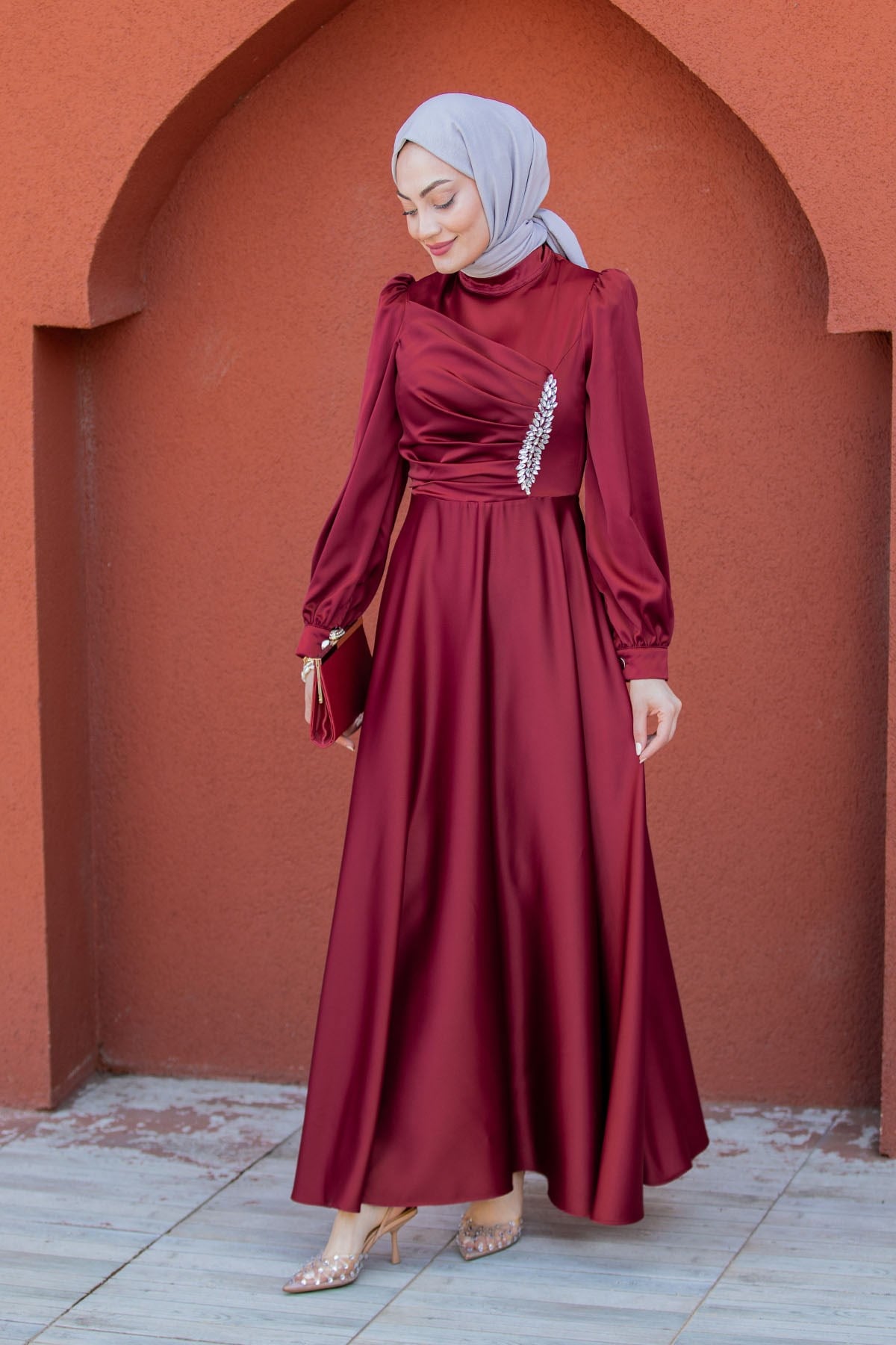 Aleysa Taş İşleme Saten Abiye-Bordo