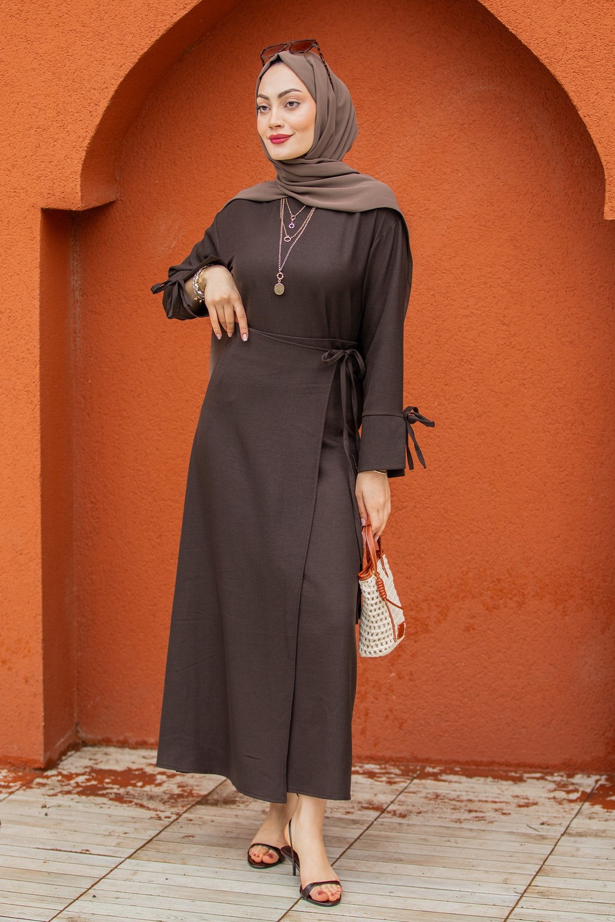 Anvelop Bağlamalı Etek Bluz Takım-Acıkahve