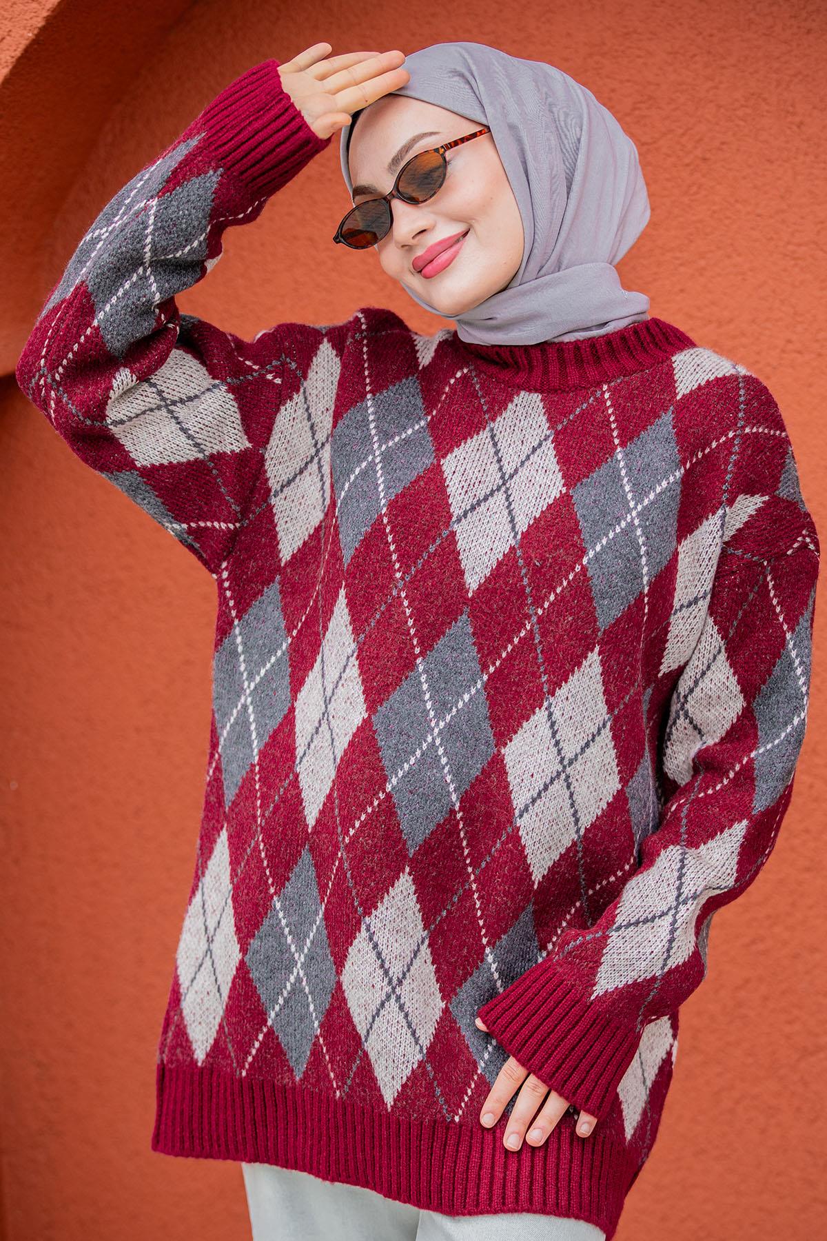 Baklava Desenli Yumoş Yün Triko Kazak-Bordo