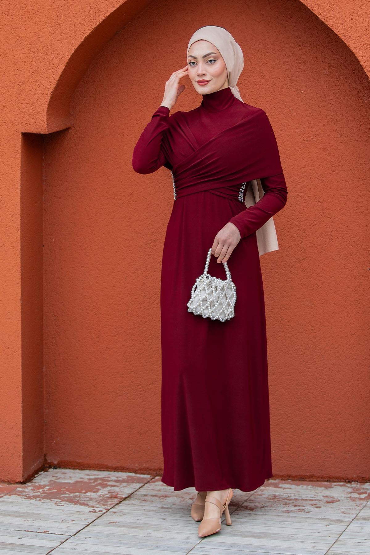 Ellys Yan Taş Detaylı Sandy Abiye-Bordo