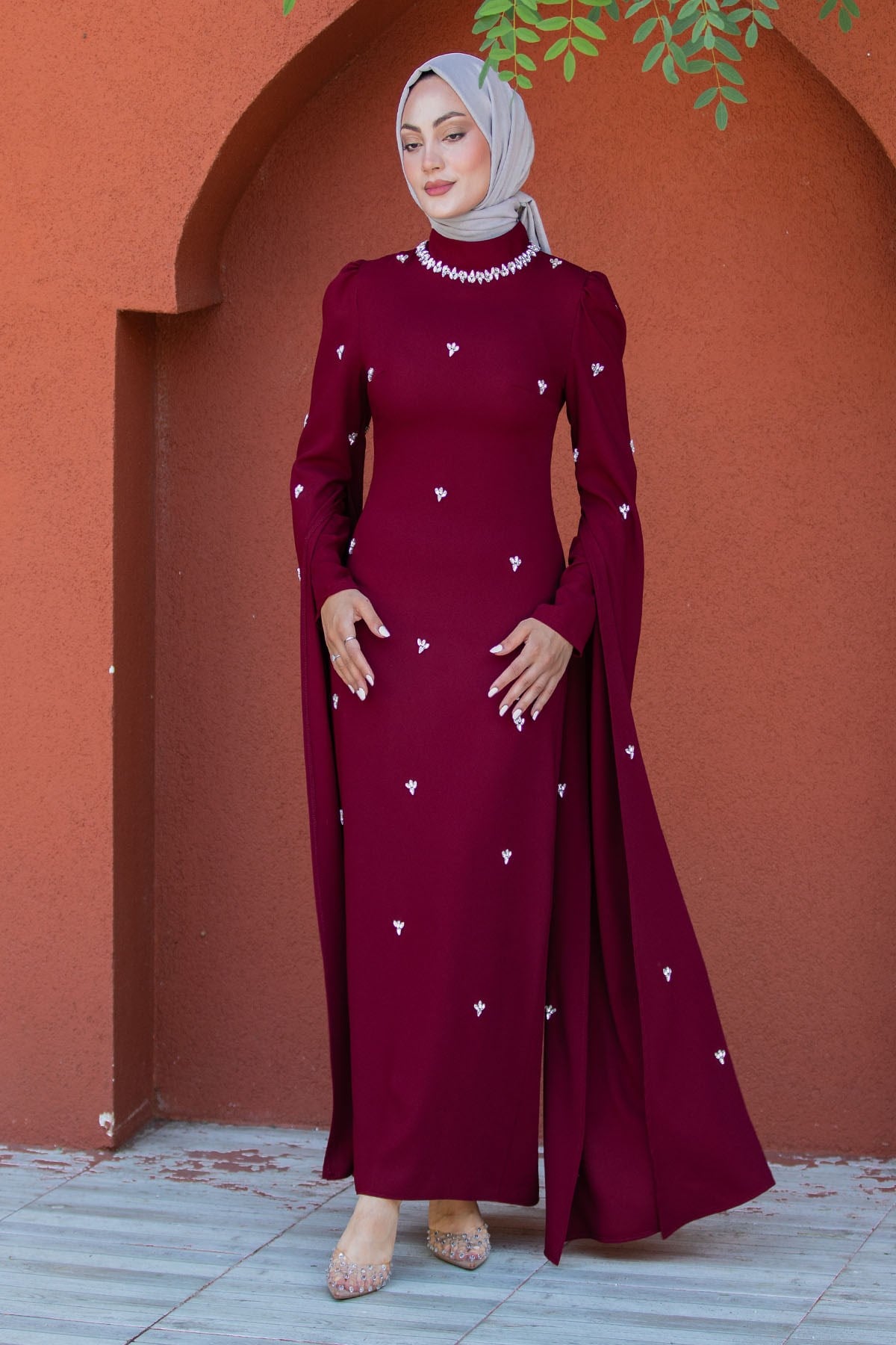 Esmina Taş İşlemeli Tesettür Abiye-Bordo