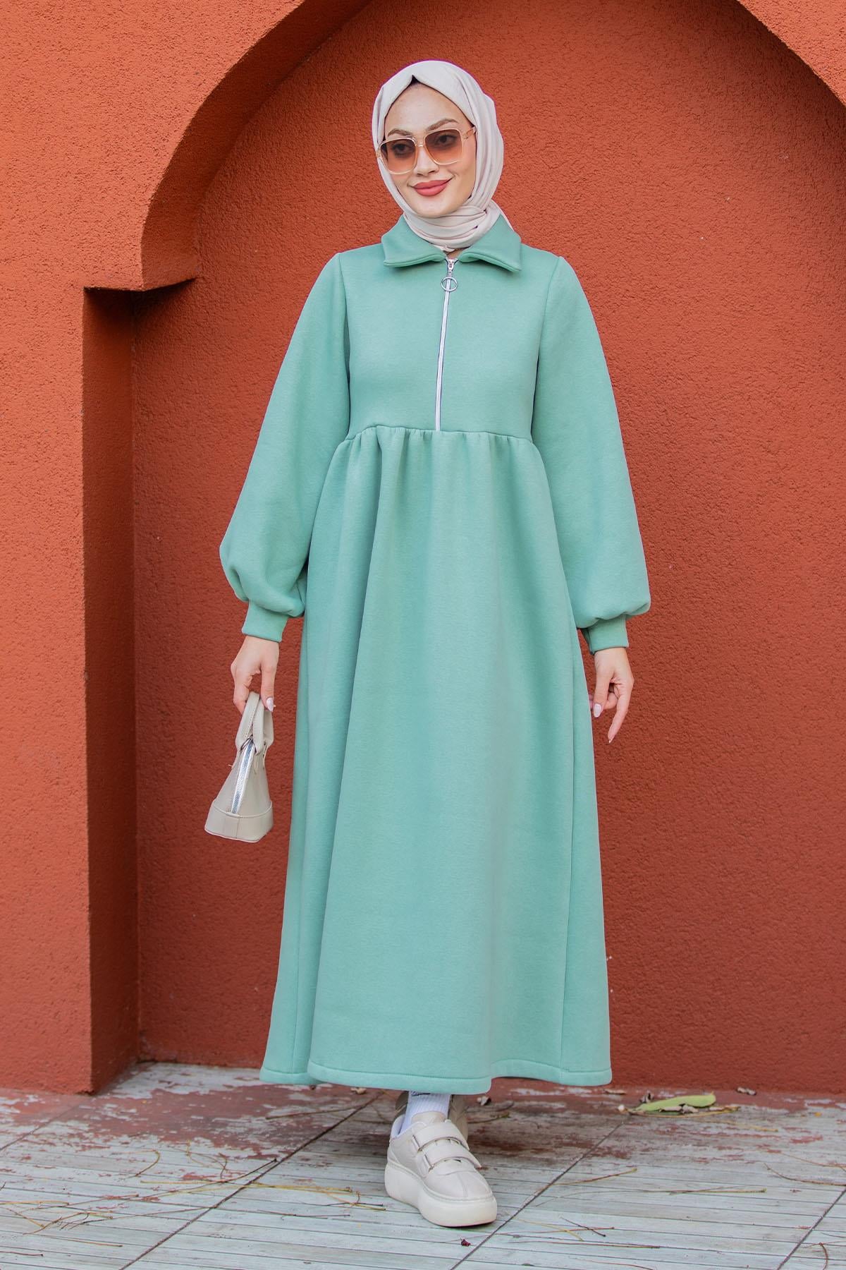Fermuarlı Üç İplik Şardonlu Sweat Elbise-Mint