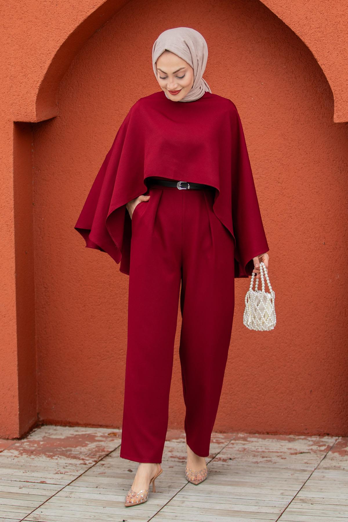 Klasik Kesim Pelerin Detaylı Tulum-Bordo