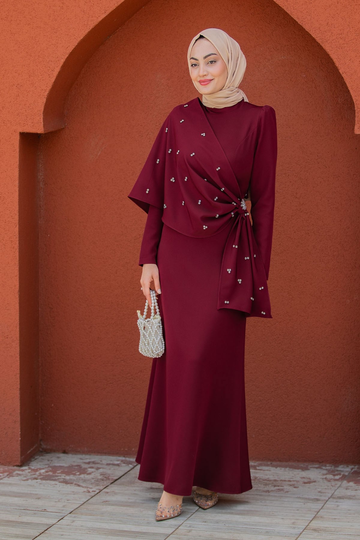 Kylie Taşlı Pelerin Detaylı Abiye-Bordo