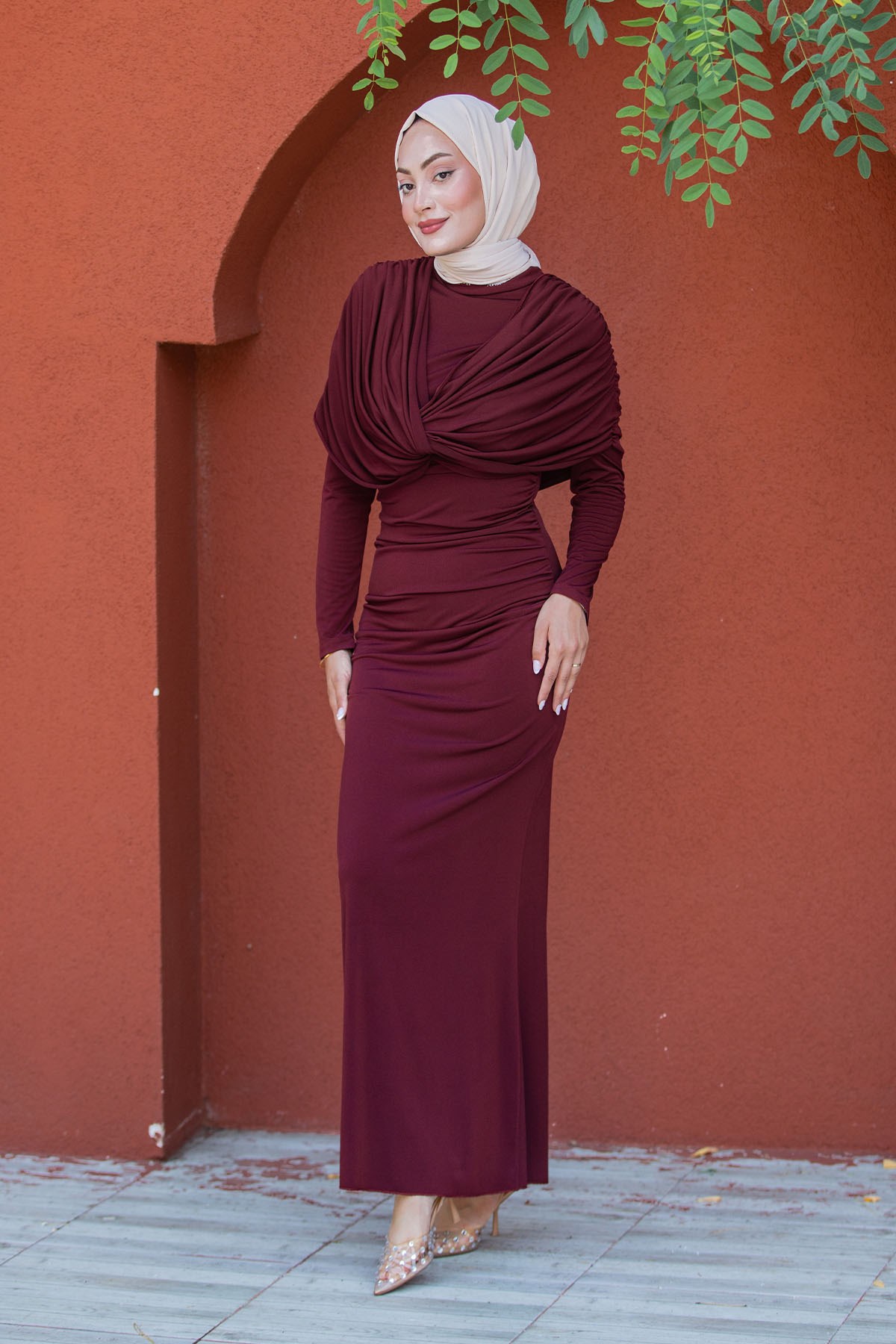 Lafia Sandy Drape Tesettür Abiye-Bordo