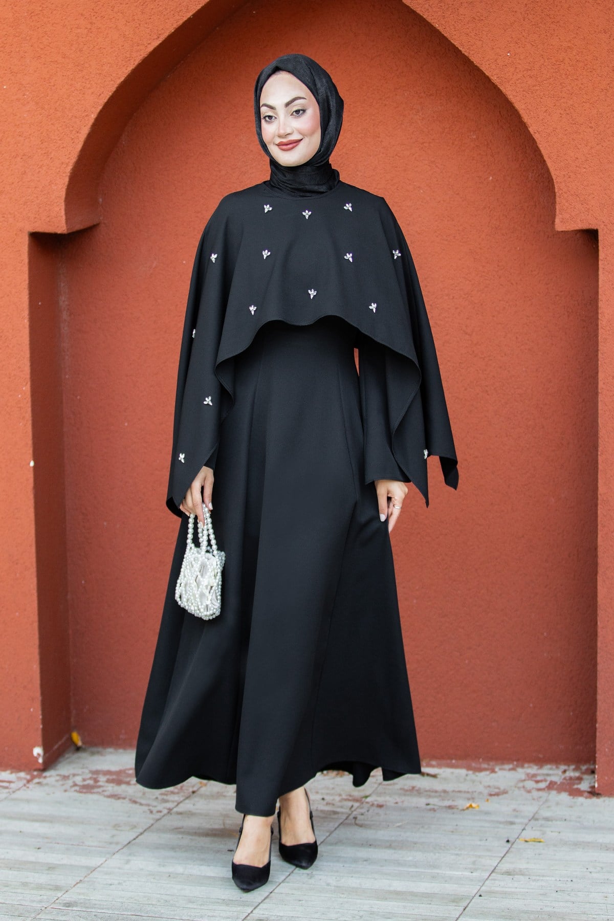Leydi Taş İşleme Pançolu Double Krep Elbise-Siyah
