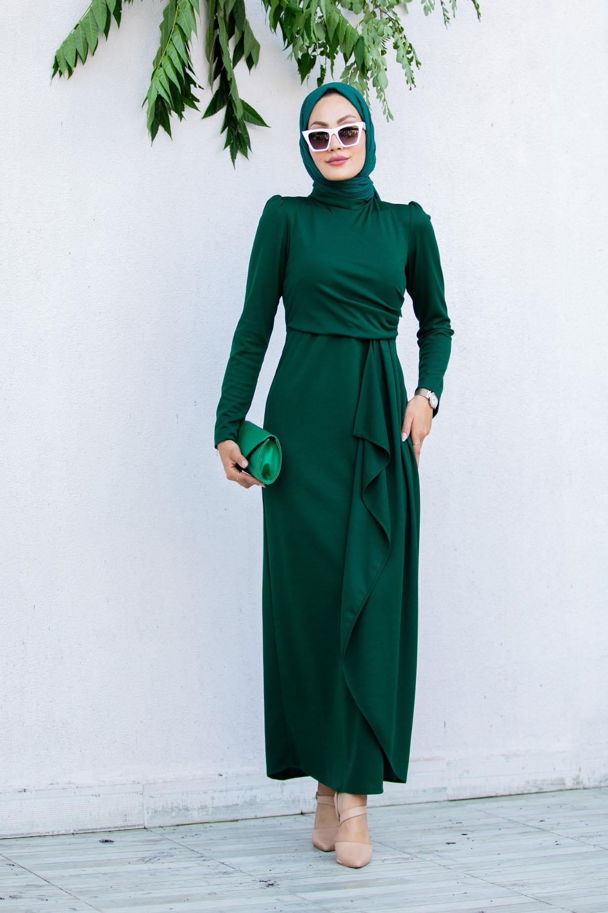 Lily Drape Pile Özel Gün Elbisesi-Zümrüt