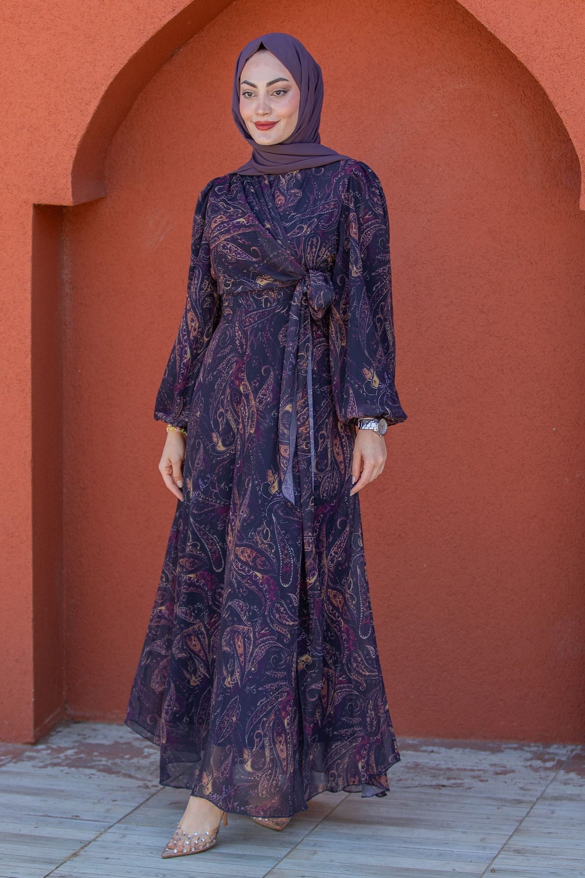 Many Desenli Şifon Elbise-Mor