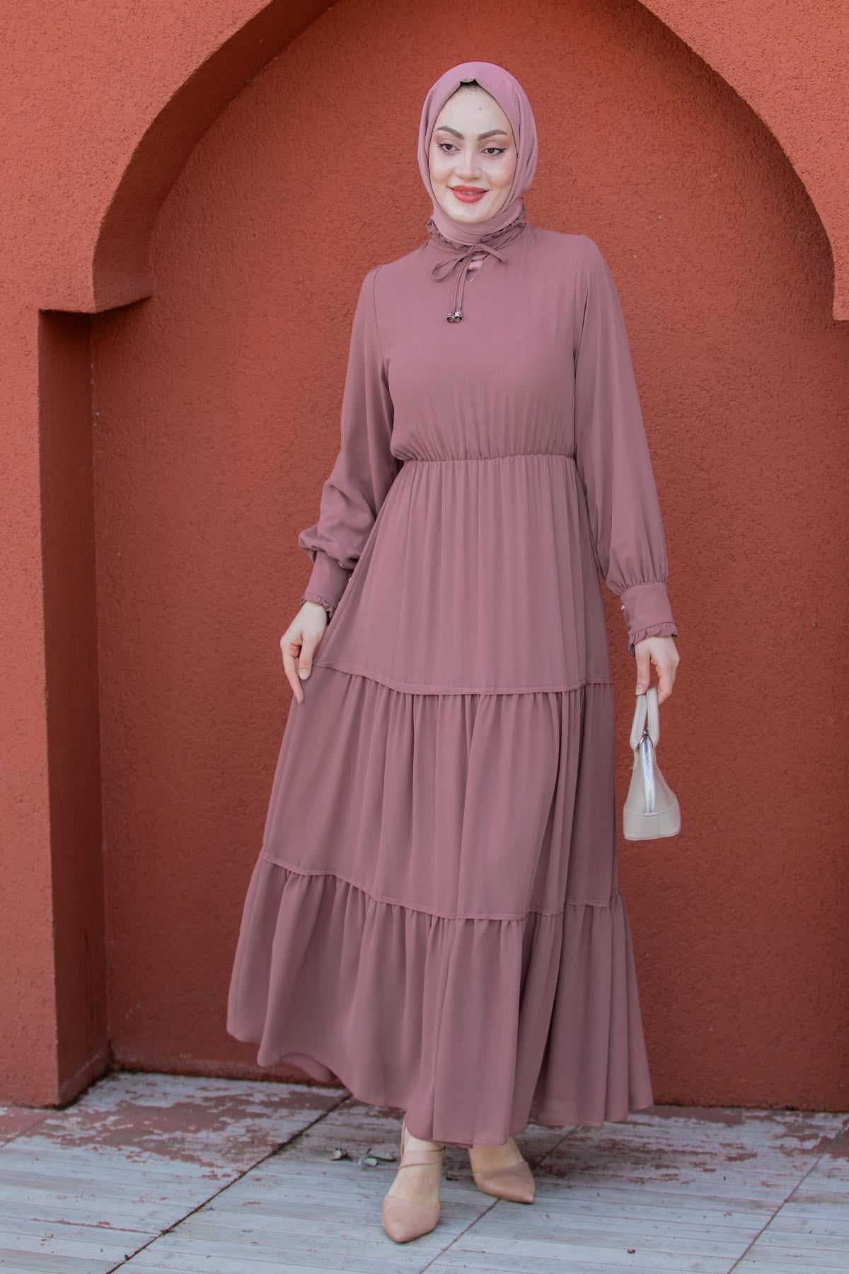 Mat Şifon Katlı Elbise-Pembe