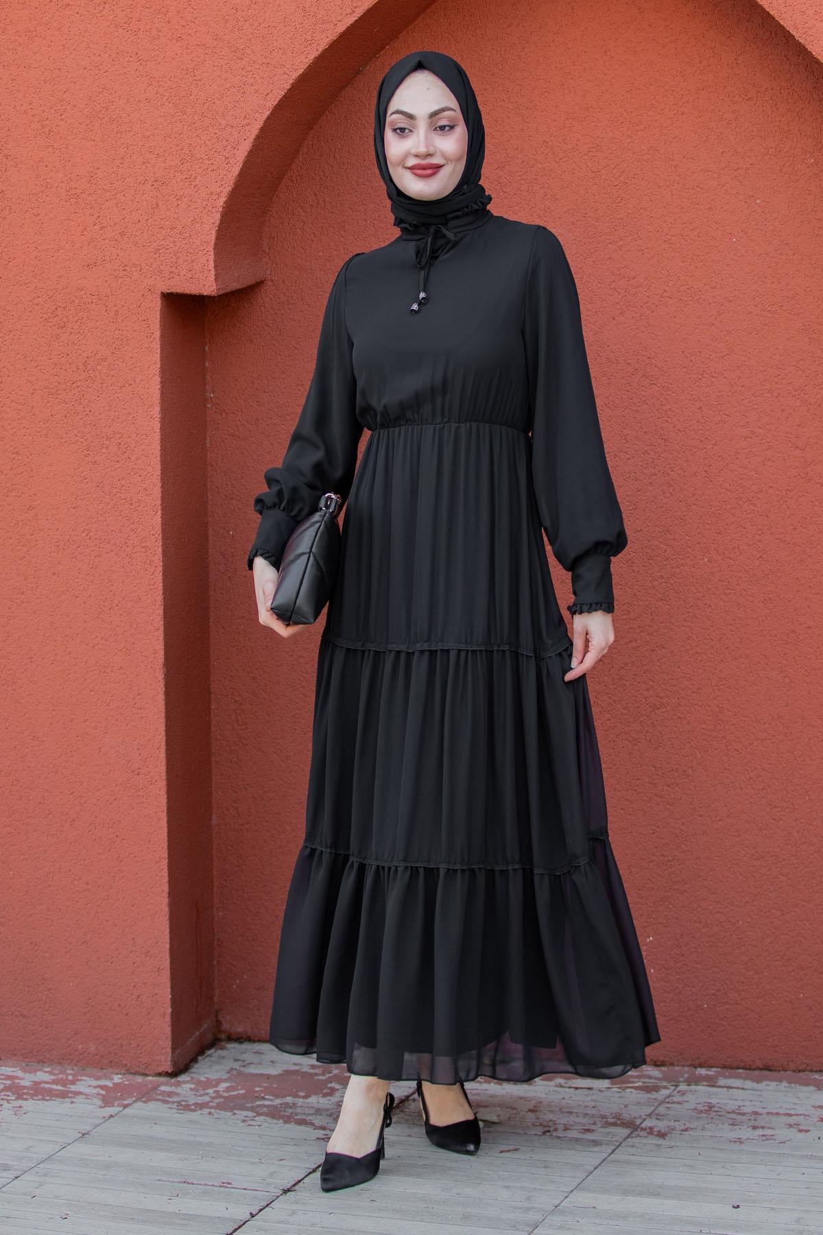 Mat Şifon Katlı Elbise-Siyah