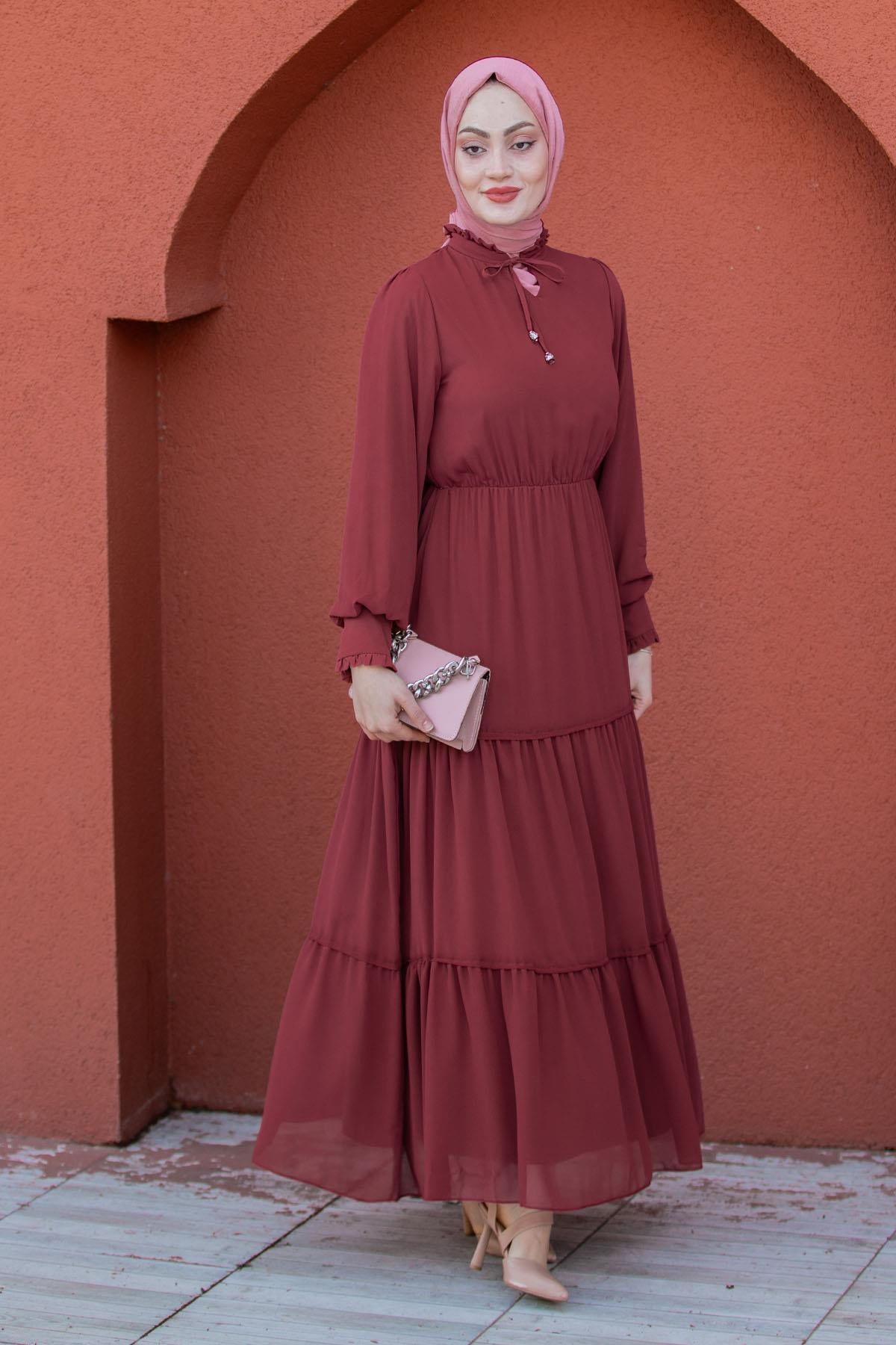 Mat Şifon Katlı Elbise-tarçın