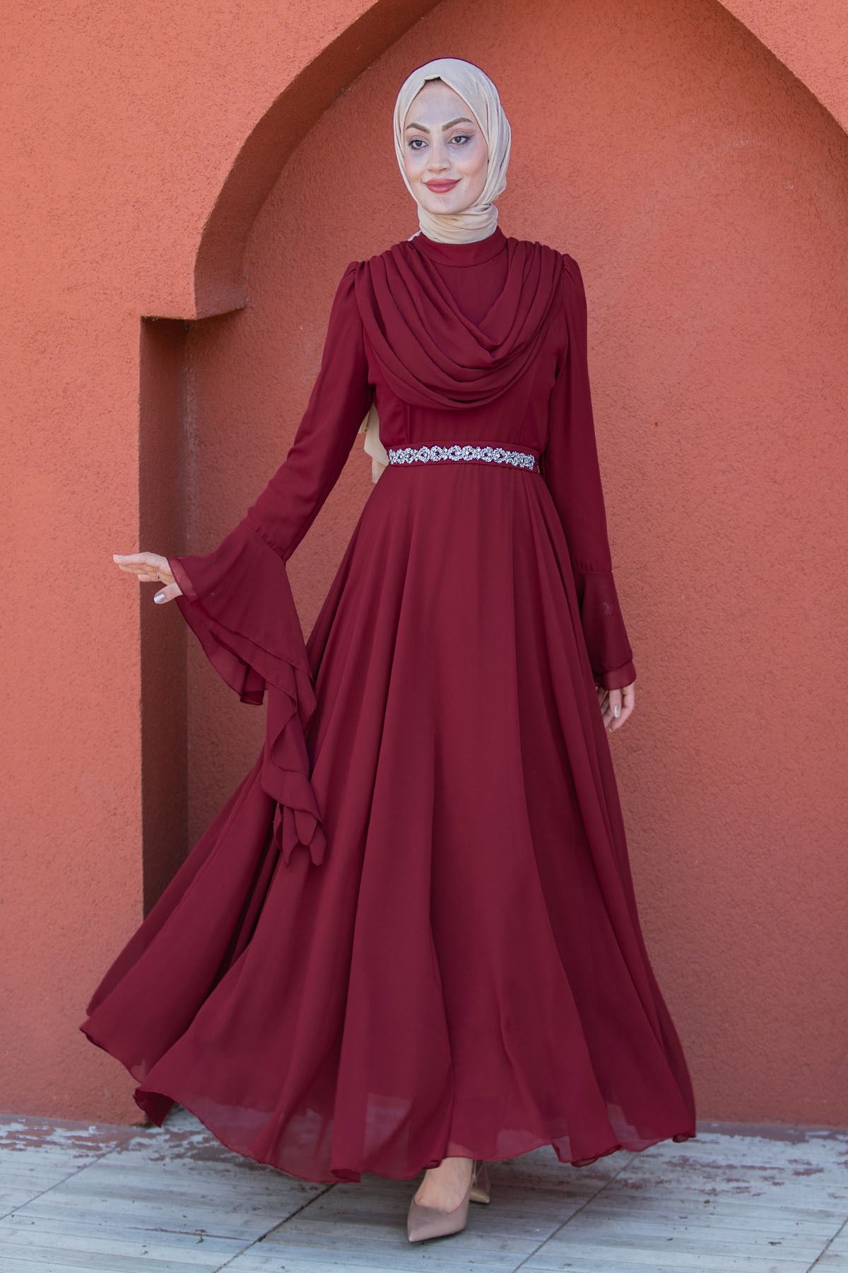 Nora Volan Detaylı Şifon Abiye-Bordo