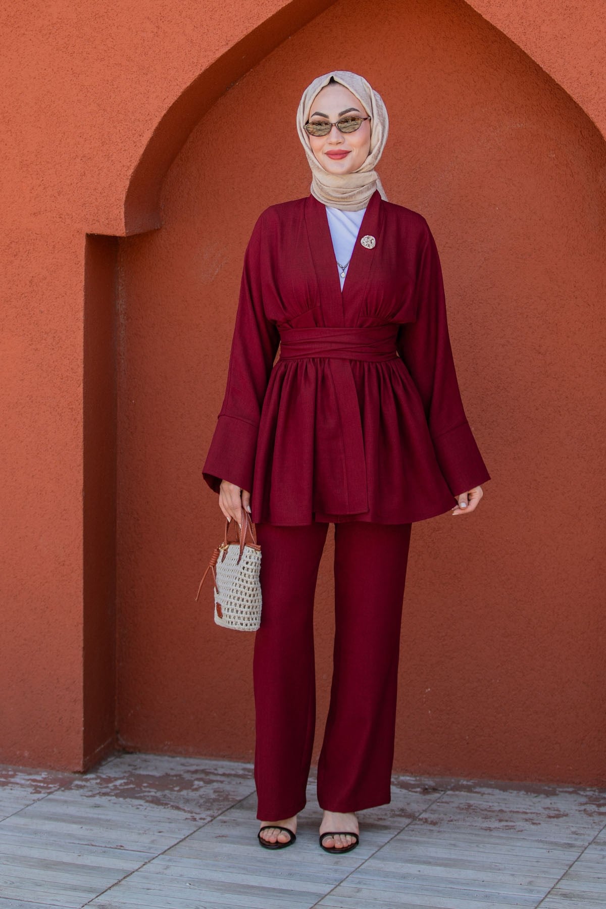 Pery Keten Kimono Pantolon Takım-Bordo