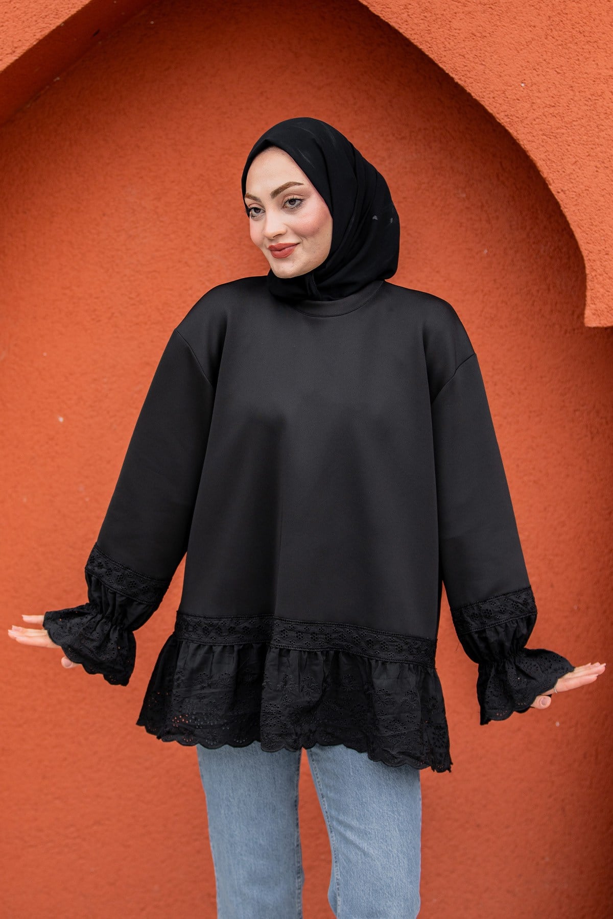 Pity Güpür Detaylı Modal Sweat-Siyah