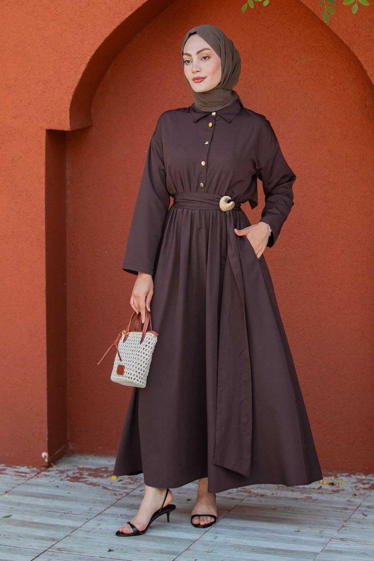Seah Kemerli Pamuk Cotton Elbise-Kahve