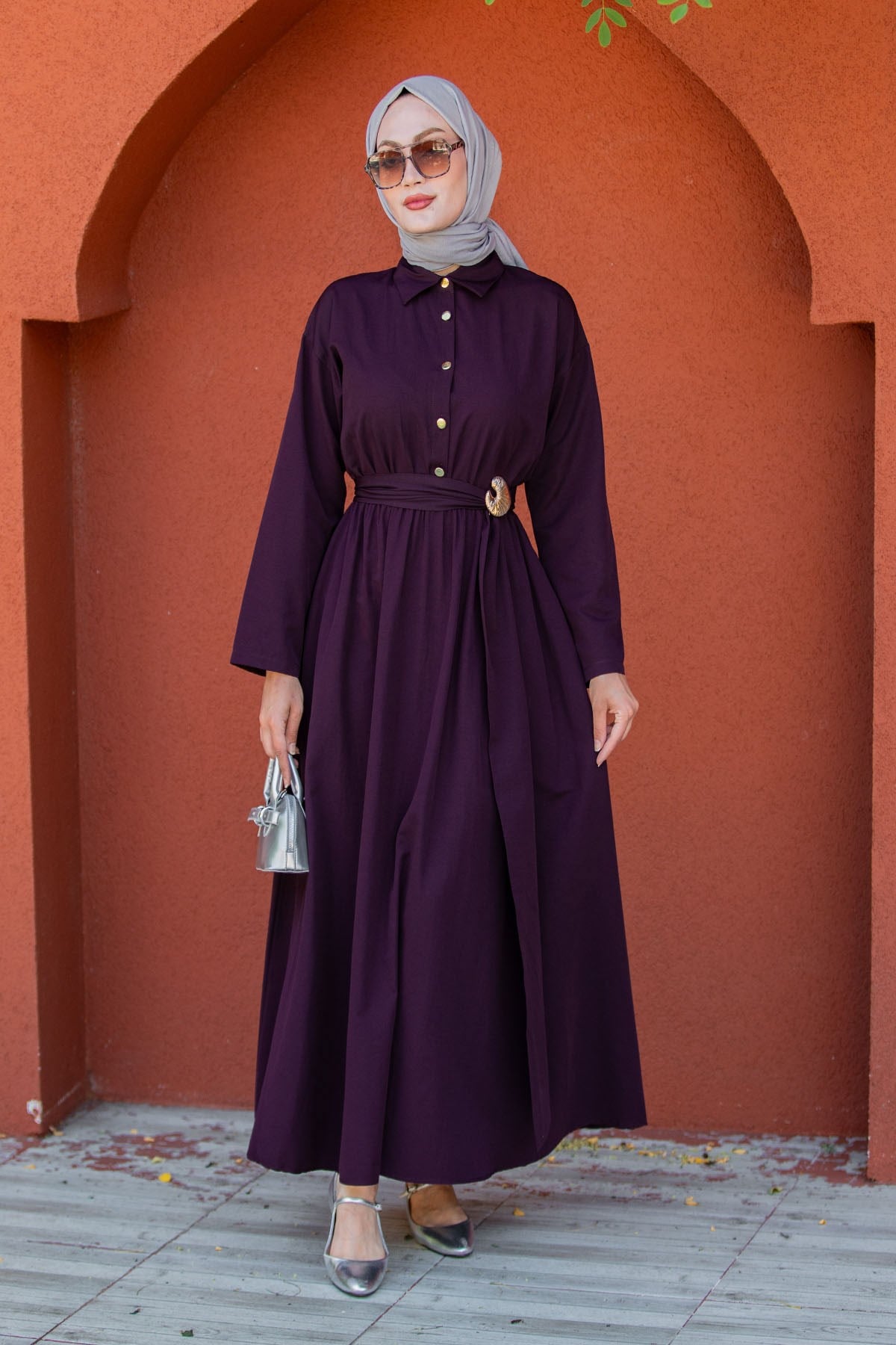 Seah Kemerli Pamuk Cotton Elbise-Mor