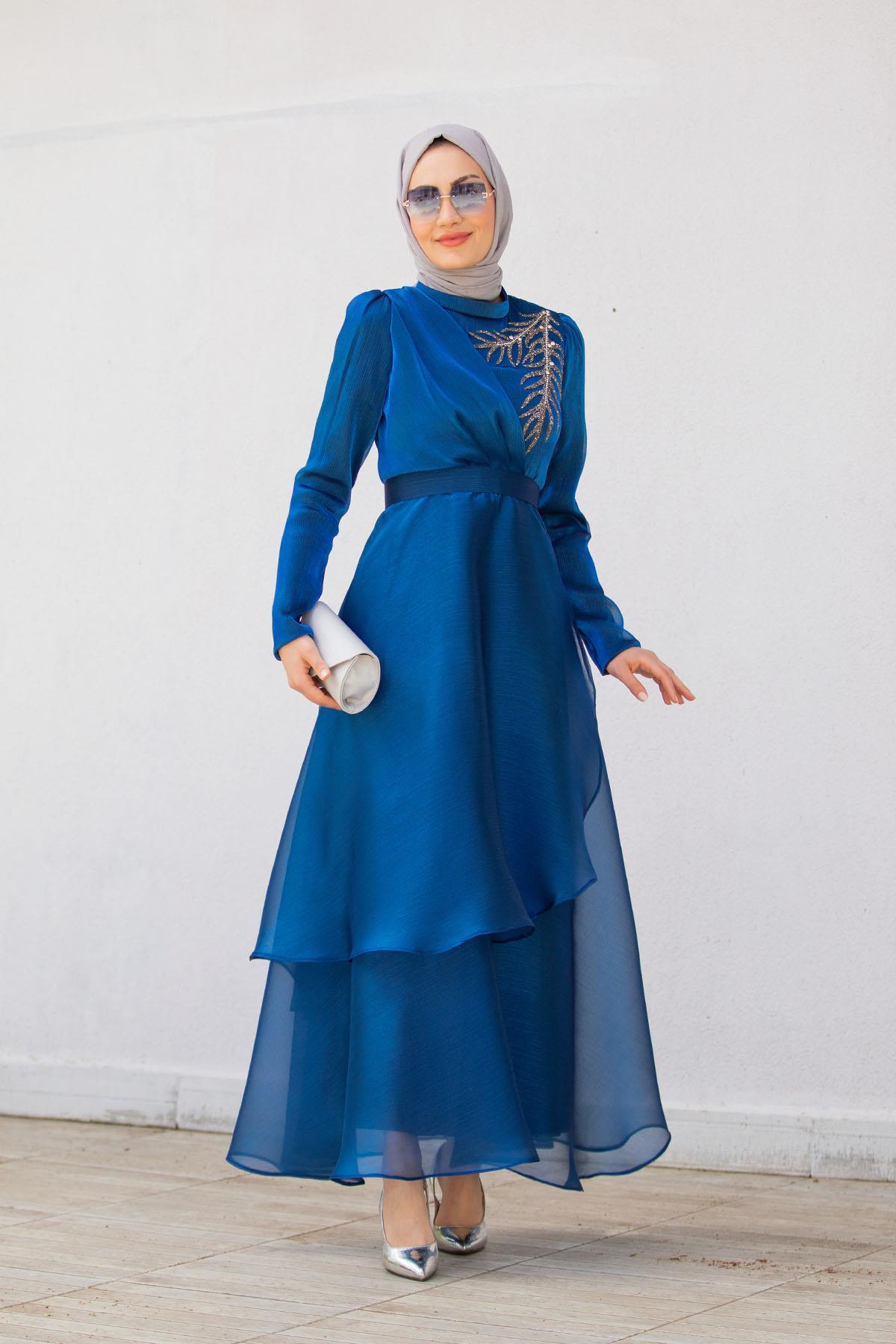 Taş Detaylı Organze Abiye Elbise-GeceMavisi